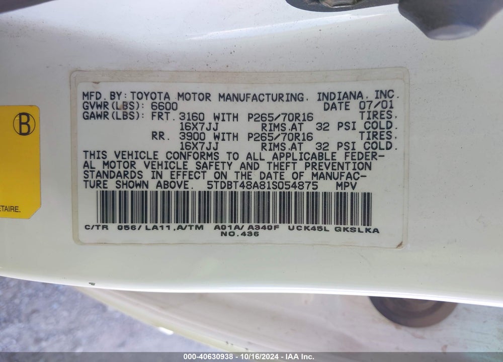 2001 TOYOTA SEQUOIA LIMITED V8 VIN: 5TDBT48A81S054875