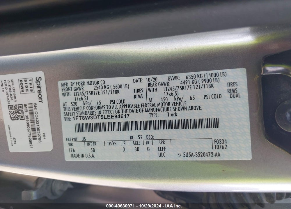 2020 FORD F-350 LARIAT VIN: 1FT8W3DT5LEE84617