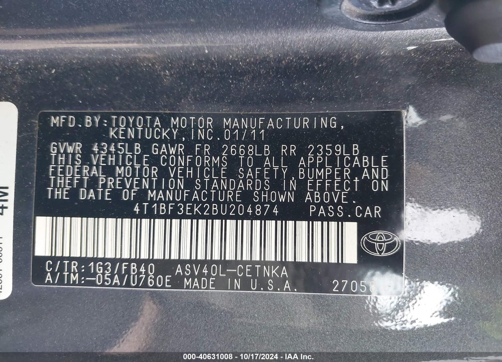 2011 TOYOTA CAMRY LE VIN: 4T1BF3EK2BU204874