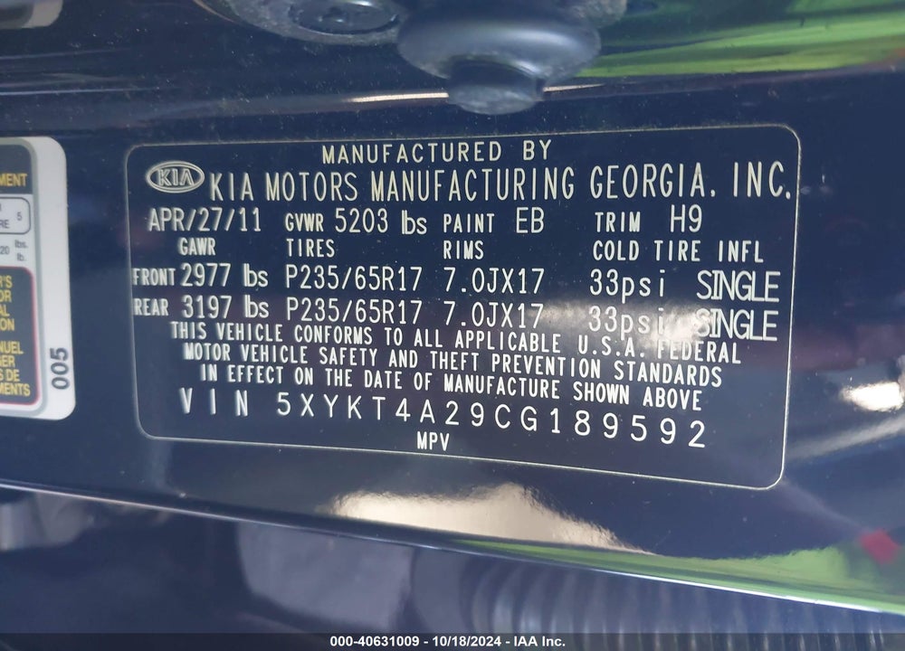 2012 KIA SORENTO LX V6 VIN: 5XYKT4A29CG189592