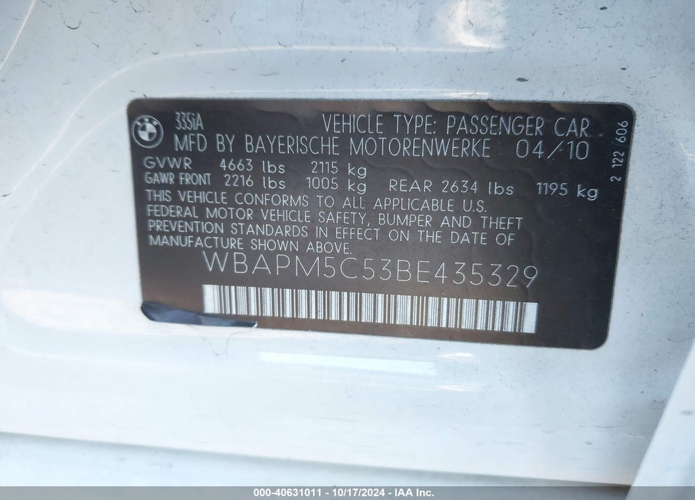 2011 BMW 335I VIN: WBAPM5C53BE435329