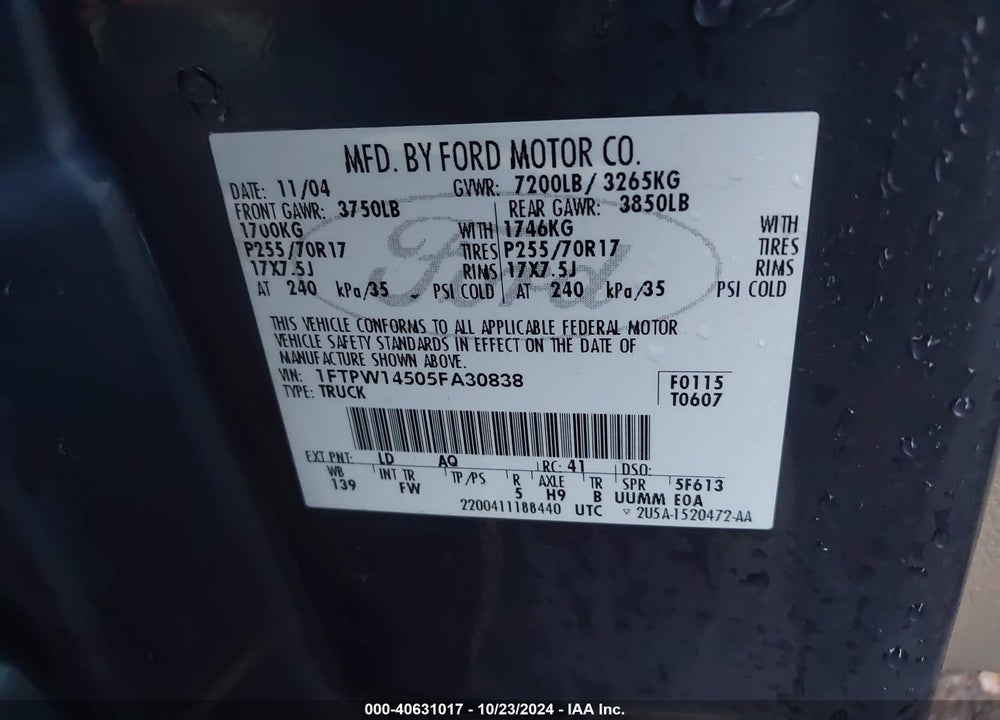 2005 FORD F-150 FX4/LARIAT/XLT VIN: 1FTPW14505FA30838
