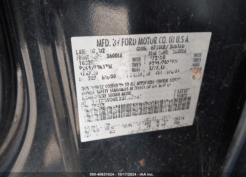 2002 FORD F-150 LARIAT/XLT VIN: 1FTRW08L22KE28857