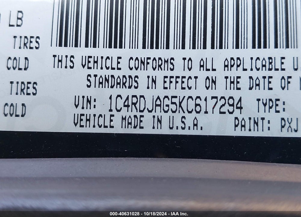 2019 DODGE DURANGO SXT AWD VIN: 1C4RDJAG5KC617294