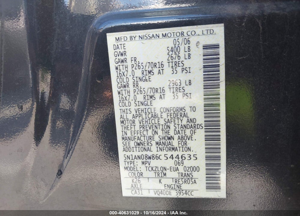 2006 NISSAN XTERRA X VIN: 5N1AN08W86C544635