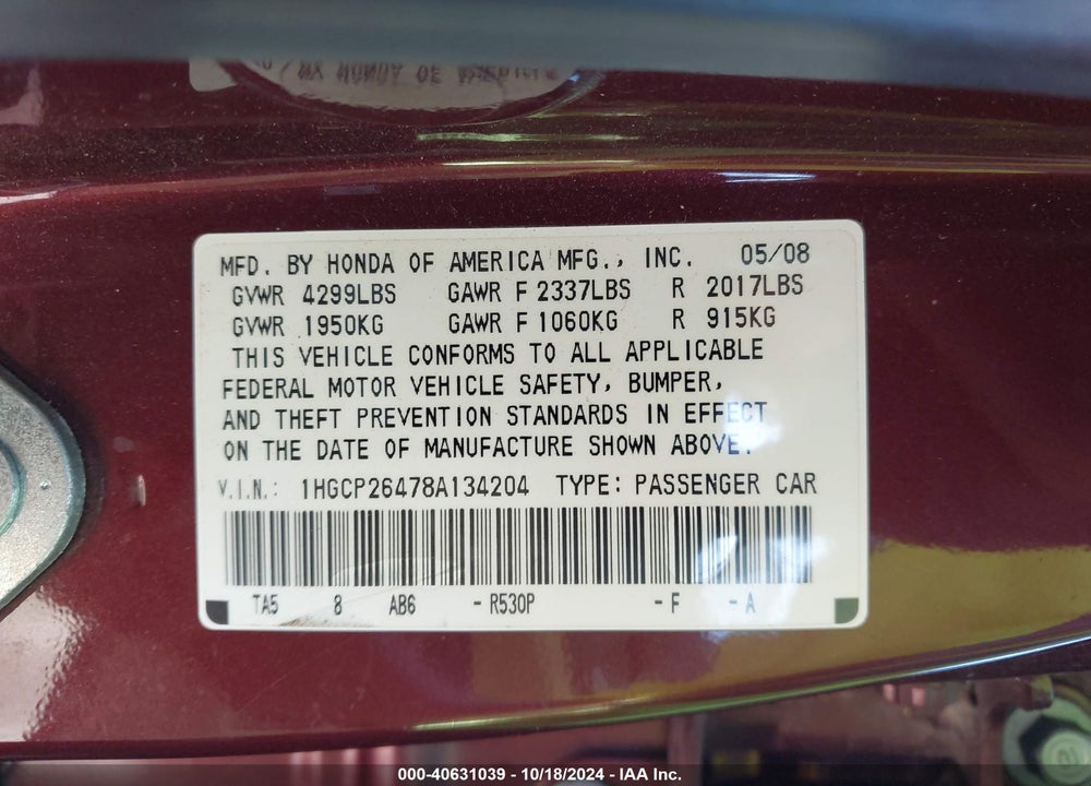 2008 HONDA ACCORD 2.4 LX-P VIN: 1HGCP26478A134204