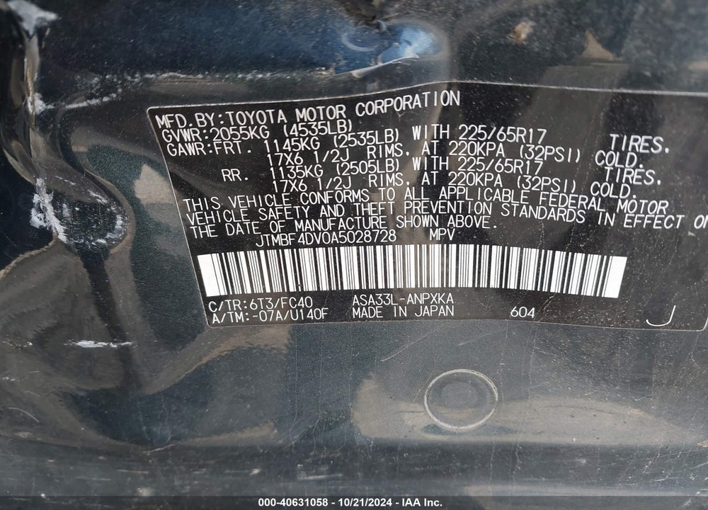 2010 TOYOTA RAV4 VIN: JTMBF4DV0A5028728