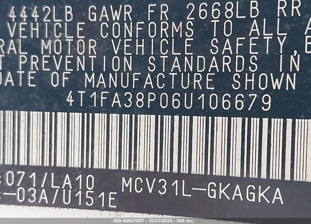 2006 TOYOTA CAMRY SOLARA SLE VIN: 4T1FA38P06U106679