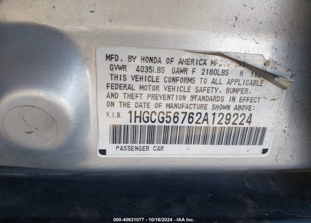 2002 HONDA ACCORD 2.3 SE VIN: 1HGCG56762A129224