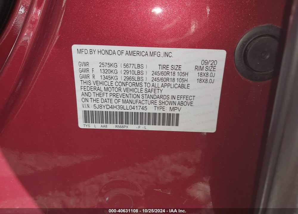 2020 ACURA MDX STANDARD VIN: 5J8YD4H39LL041745