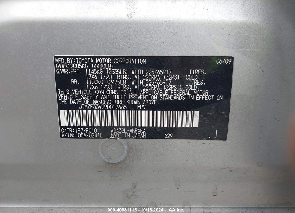 2009 TOYOTA RAV4 VIN: JTMZF33V29D012638