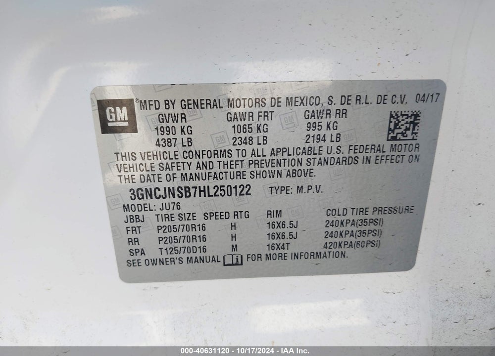 2017 CHEVROLET TRAX LS VIN: 3GNCJNSB7HL250122