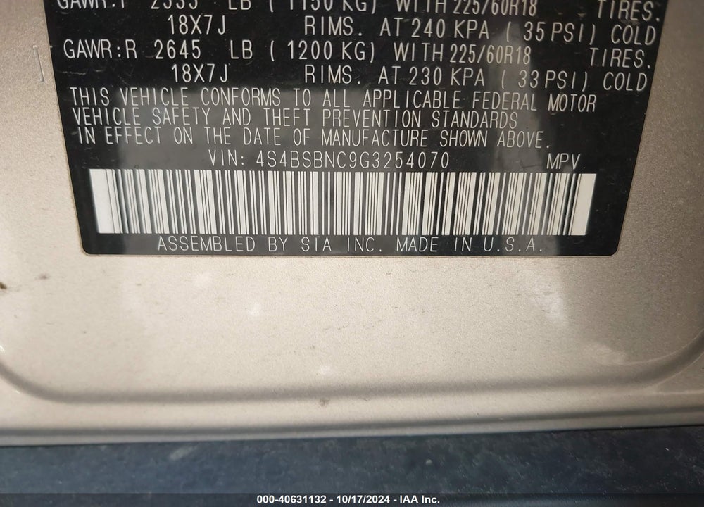 2016 SUBARU OUTBACK 2.5I LIMITED VIN: 4S4BSBNC9G3254070
