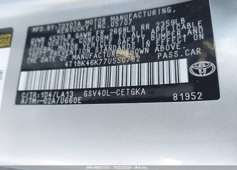 2007 TOYOTA CAMRY XLE V6 VIN: 4T1BK46K77U550782