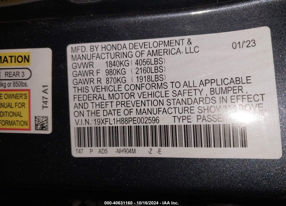 2023 HONDA CIVIC SPORT TOURING VIN: 19XFL1H88PE002596