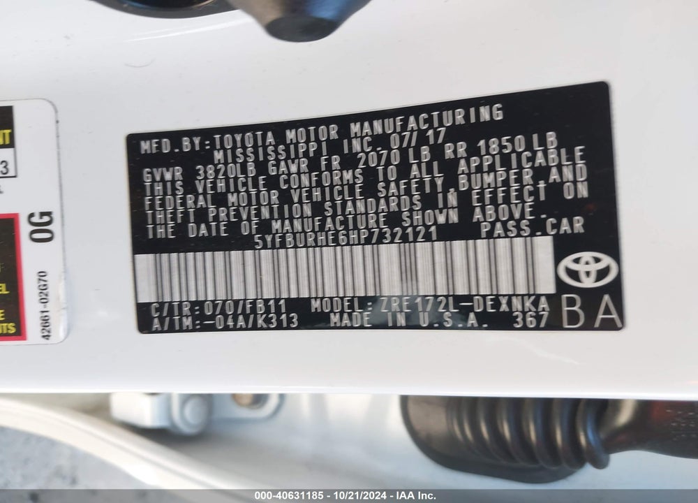 2017 TOYOTA COROLLA LE VIN: 5YFBURHE6HP732121