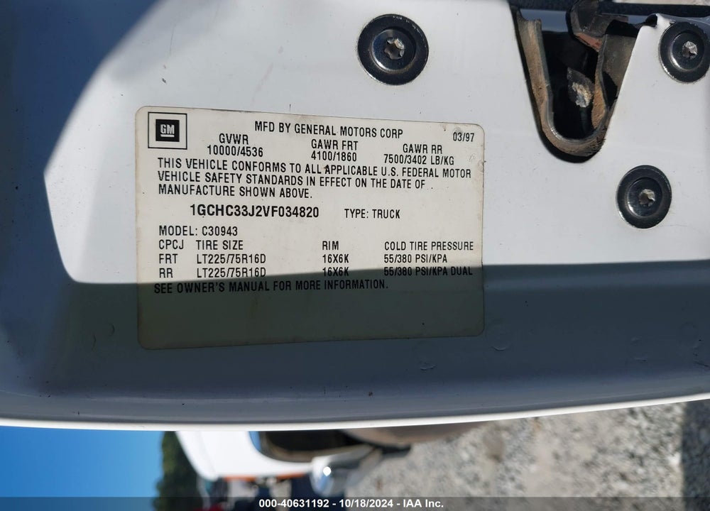 1997 CHEVROLET C3500 HD FLEETSIDE VIN: 1GCHC33J2VF034820