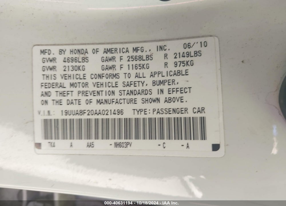 2010 ACURA TL 3.5 VIN: 19UUA8F20AA021496