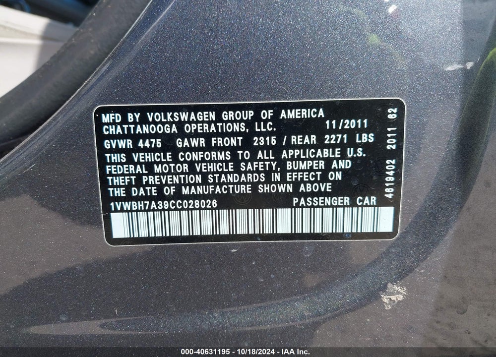 2012 VOLKSWAGEN PASSAT 2.5L SE VIN: 1VWBH7A39CC028026