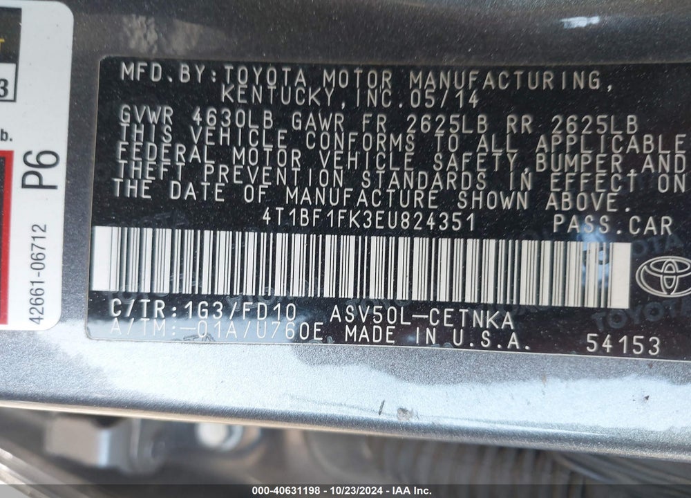 2014 TOYOTA CAMRY LE VIN: 4T1BF1FK3EU824351