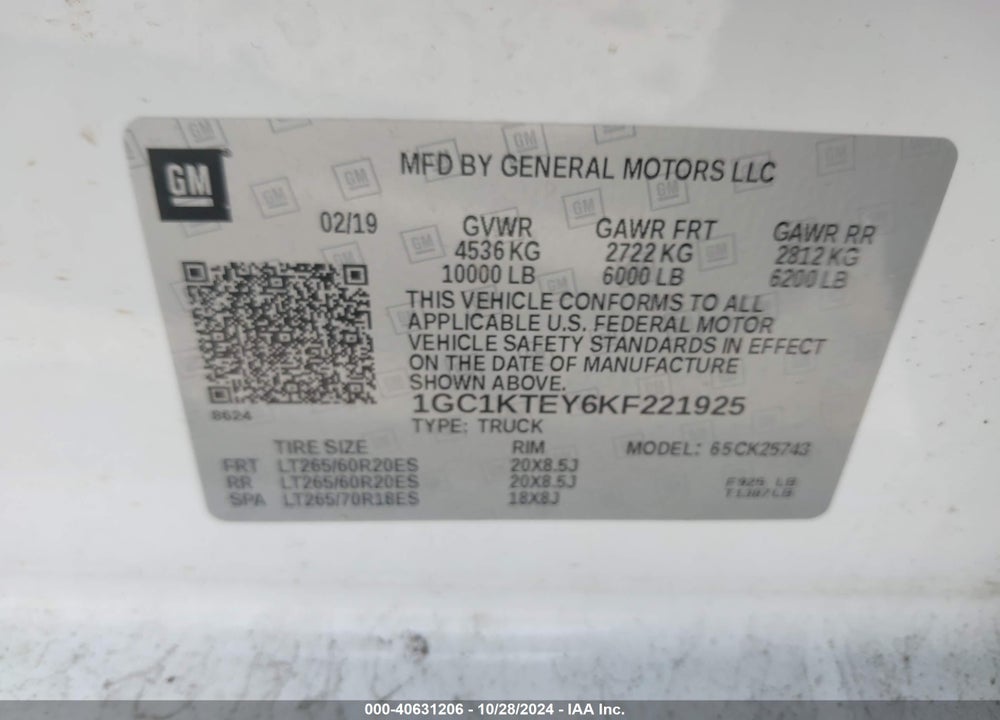 2019 CHEVROLET SILVERADO 2500HD LTZ VIN: 1GC1KTEY6KF221925