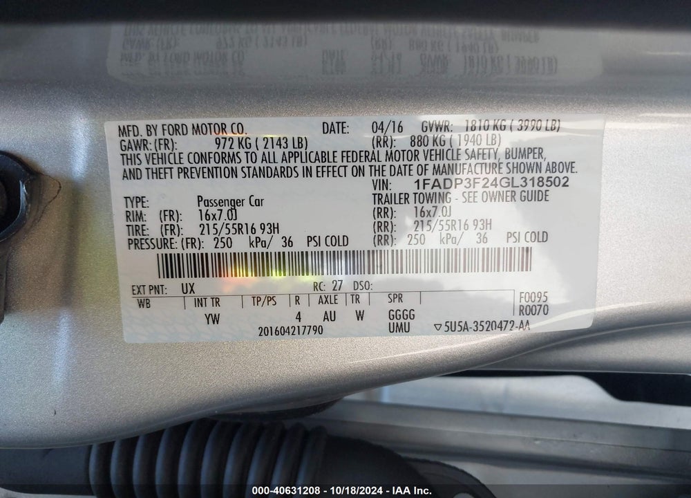 2016 FORD FOCUS SE VIN: 1FADP3F24GL318502