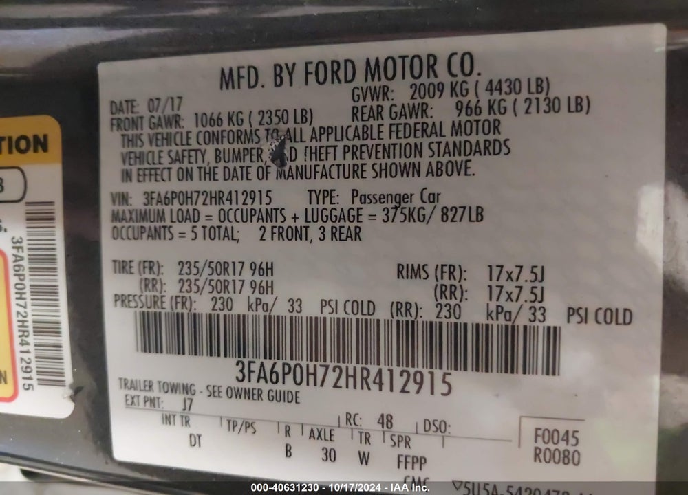 2017 FORD FUSION SE VIN: 3FA6P0H72HR412915