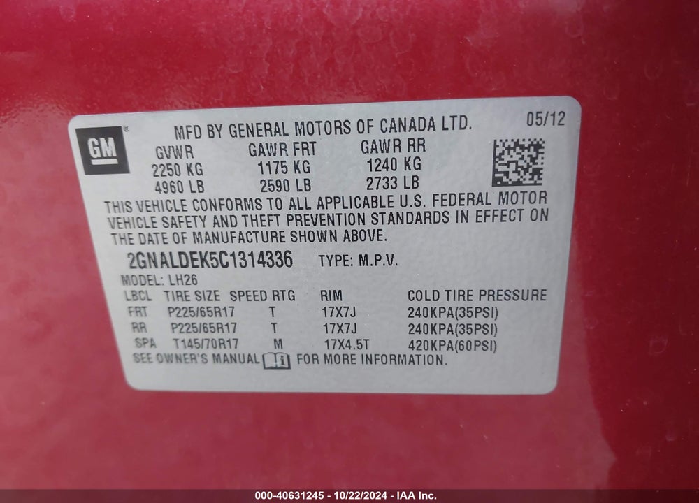 2012 CHEVROLET EQUINOX 1LT VIN: 2GNALDEK5C1314336