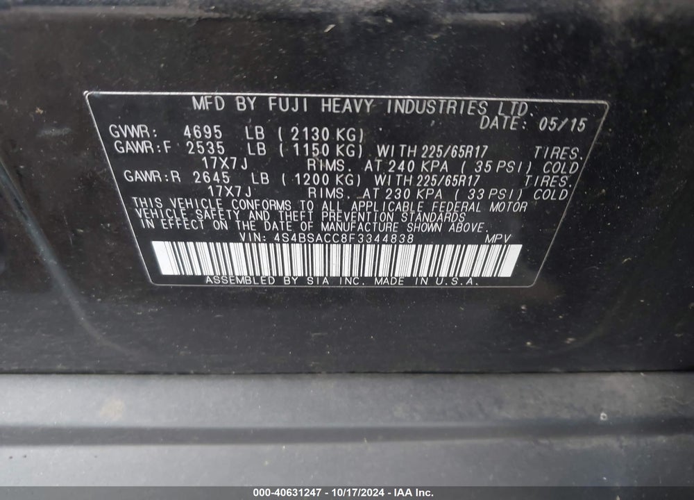 2015 SUBARU OUTBACK VIN: 4S4BSACC8F3344838