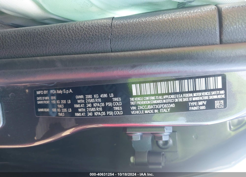 2016 JEEP RENEGADE SPORT VIN: ZACCJBAT3GPD83340