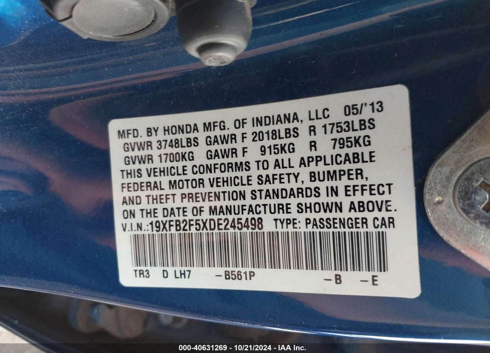 2013 HONDA CIVIC LX VIN: 19XFB2F5XDE245498