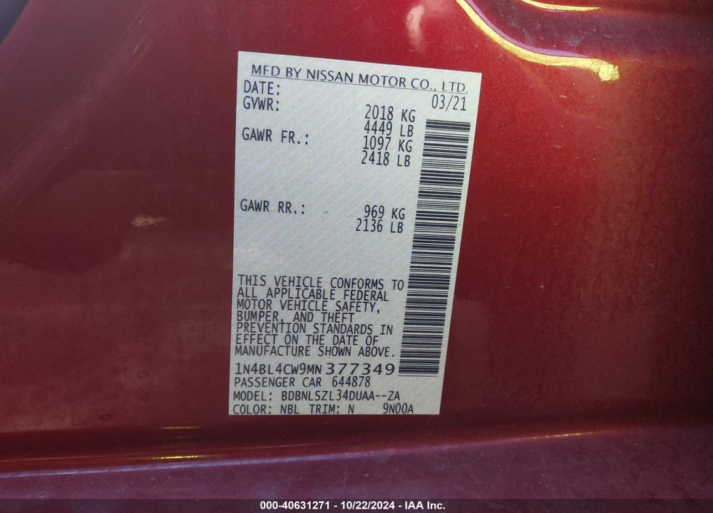 2021 NISSAN ALTIMA SR INTELLIGENT AWD VIN: 1N4BL4CW9MN377349