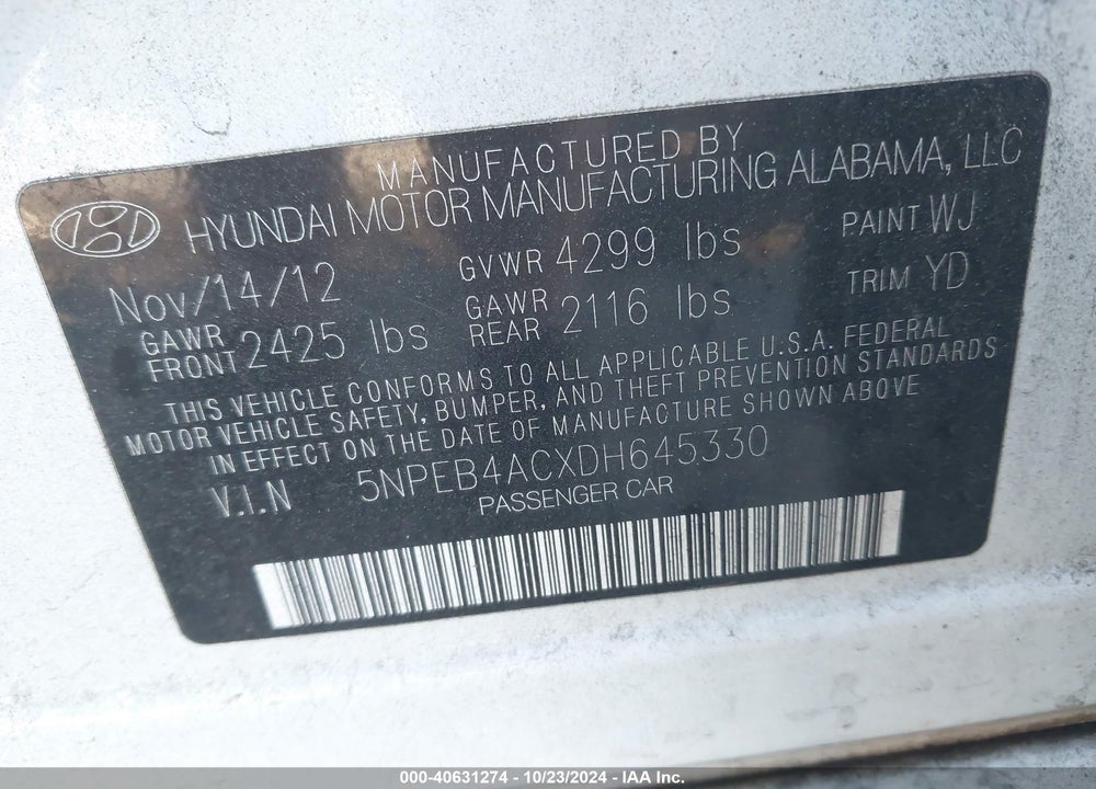 2013 HYUNDAI SONATA GLS VIN: 5NPEB4ACXDH645330