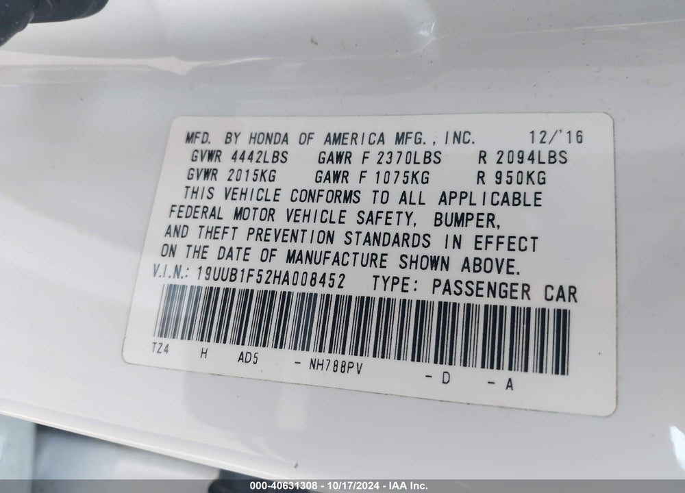 2017 ACURA TLX TECHNOLOGY PACKAGE VIN: 19UUB1F52HA008452