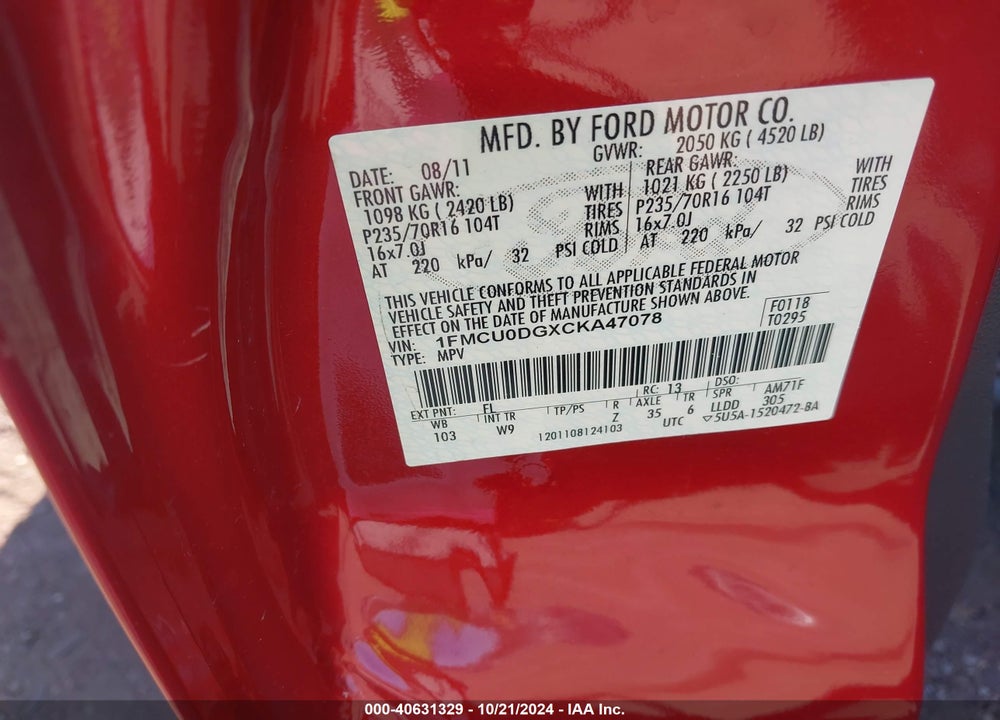 2012 FORD ESCAPE XLT VIN: 1FMCU0DGXCKA47078