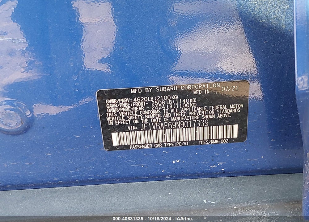 2022 SUBARU WRX PREMIUM VIN: JF1VBAF69N9017339