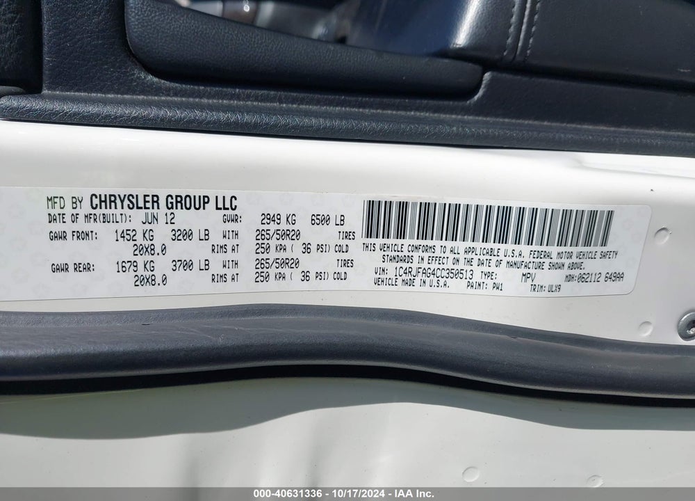 2012 JEEP GRAND CHEROKEE LAREDO VIN: 1C4RJFAG4CC350513