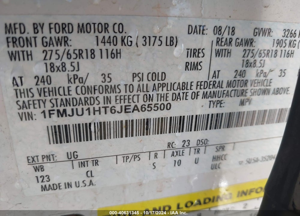 2018 FORD EXPEDITION XLT VIN: 1FMJU1HT6JEA65500