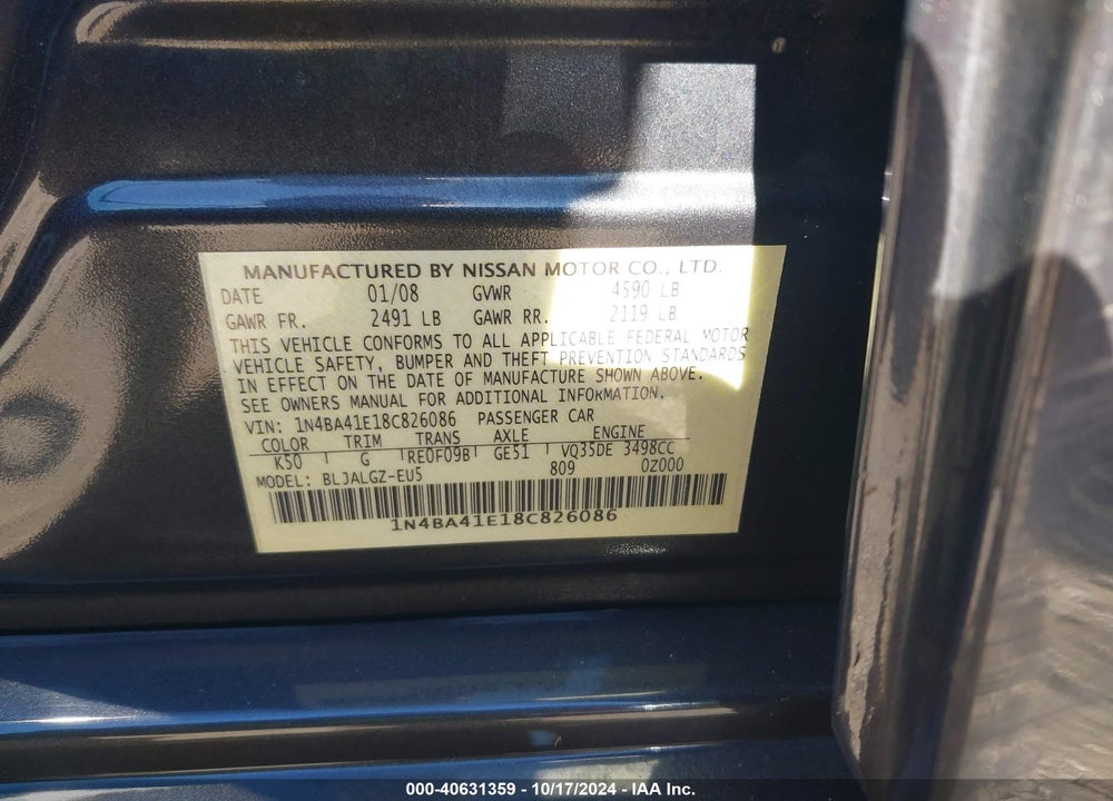 2008 NISSAN MAXIMA 3.5 SL VIN: 1N4BA41E18C826086