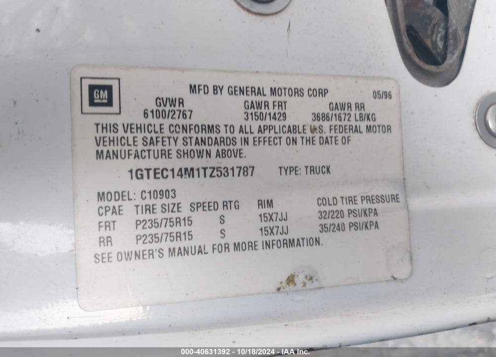 1996 GMC SIERRA C1500 VIN: 1GTEC14M1TZ531787
