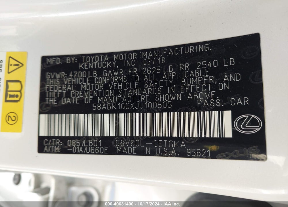 2018 LEXUS ES 350 VIN: 58ABK1GGXJU100505