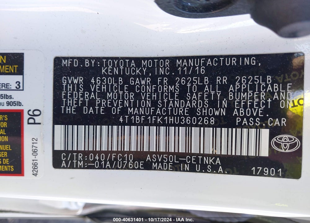 2017 TOYOTA CAMRY LE VIN: 4T1BF1FK1HU360268
