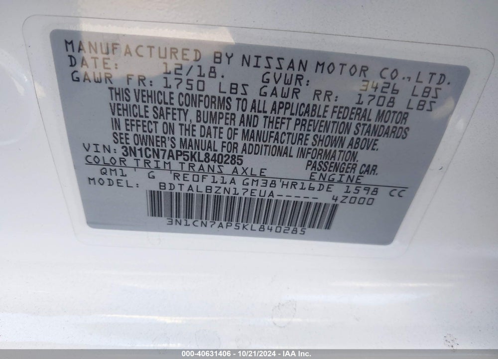 2019 NISSAN VERSA 1.6 SV VIN: 3N1CN7AP5KL840285
