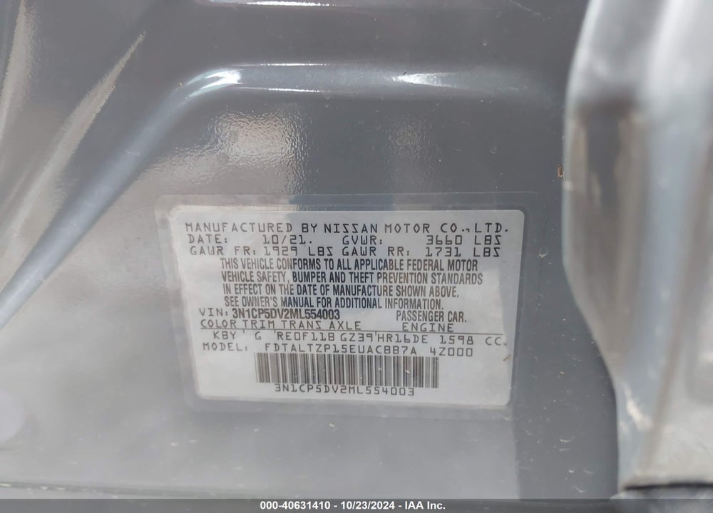 2021 NISSAN KICKS SR XTRONIC CVT VIN: 3N1CP5DV2ML554003