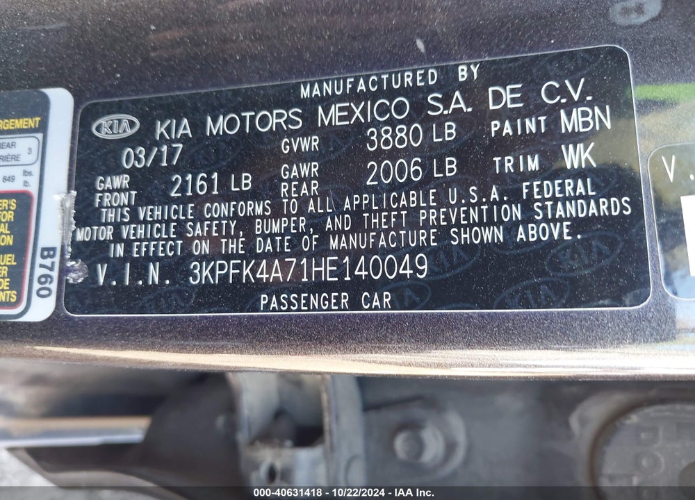 2017 KIA FORTE LX VIN: 3KPFK4A71HE140049