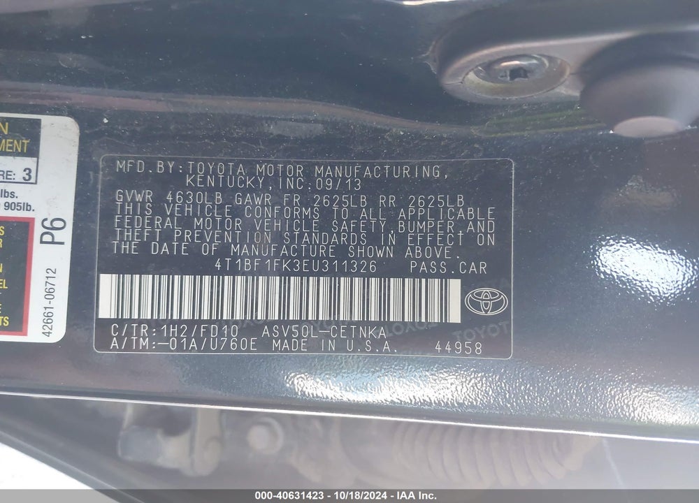 2014 TOYOTA CAMRY LE VIN: 4T1BF1FK3EU311326