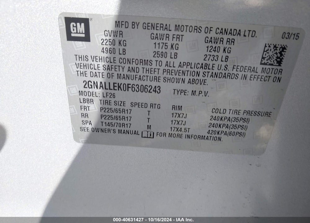 2015 CHEVROLET EQUINOX L VIN: 2GNALLEK0F6306243