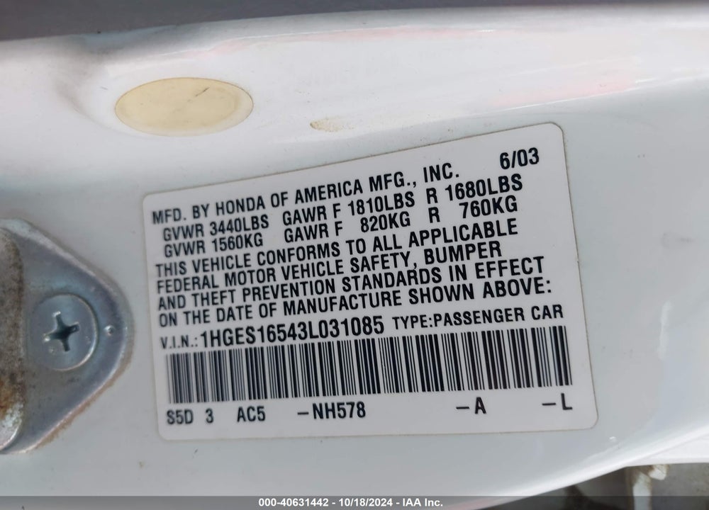 2003 HONDA CIVIC LX VIN: 1HGES16543L031085