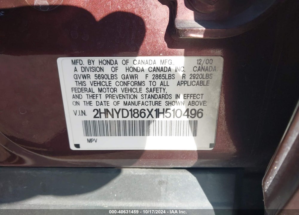 2001 ACURA MDX VIN: 2HNYD186X1H510496