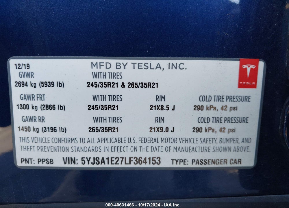 2020 TESLA MODEL S LONG RANGE DUAL MOTOR ALL-WHEEL DRIVE/LONG RANGE PLUS DUAL MOTOR ALL-WHEEL DRIVE VIN: 5YJSA1E27LF364153